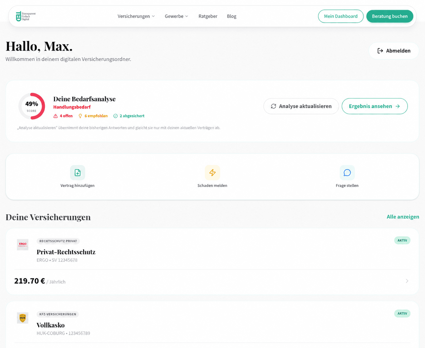 TED Dashboard – Digitaler Versicherungsordner