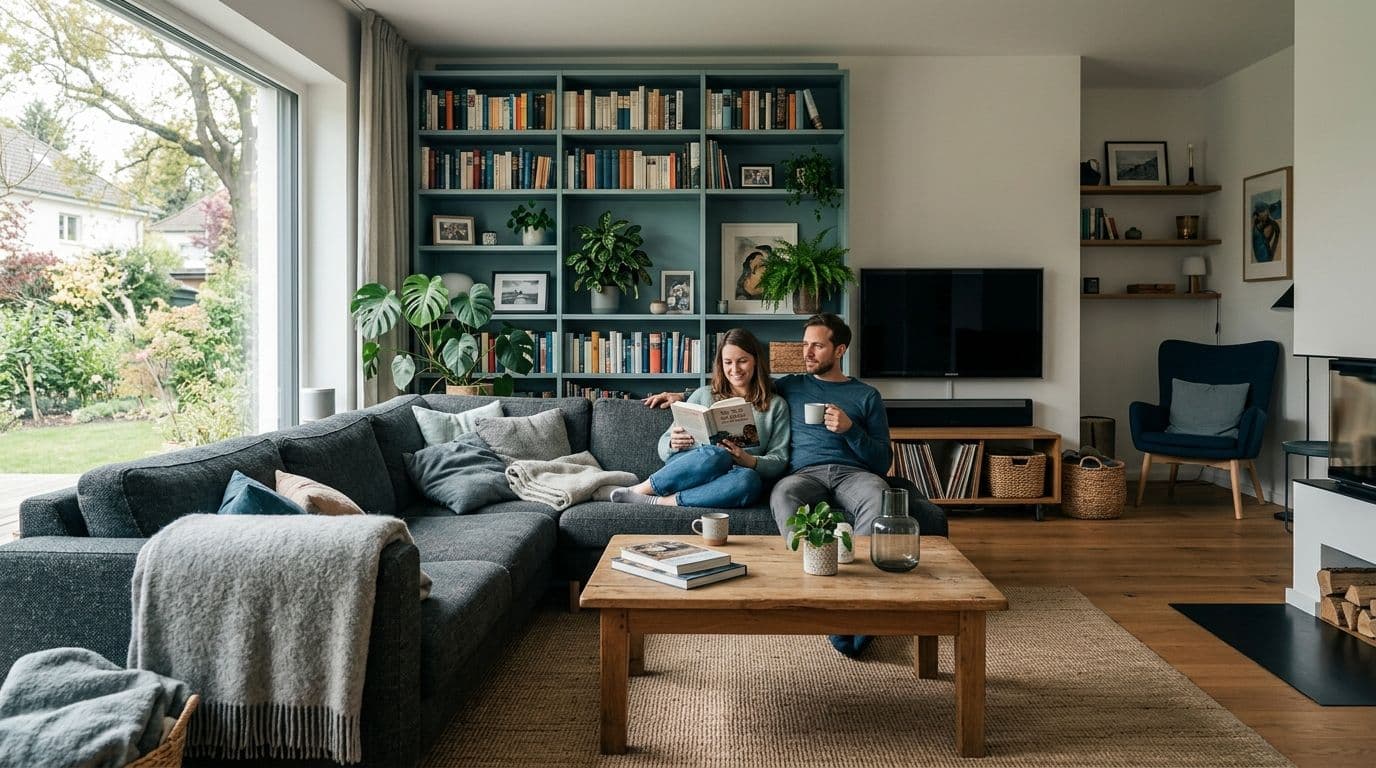 Gemütliches Wohnzimmer mit Möbeln und Elektronik – Hausratversicherung schützt persönliche Gegenstände zum Neuwert