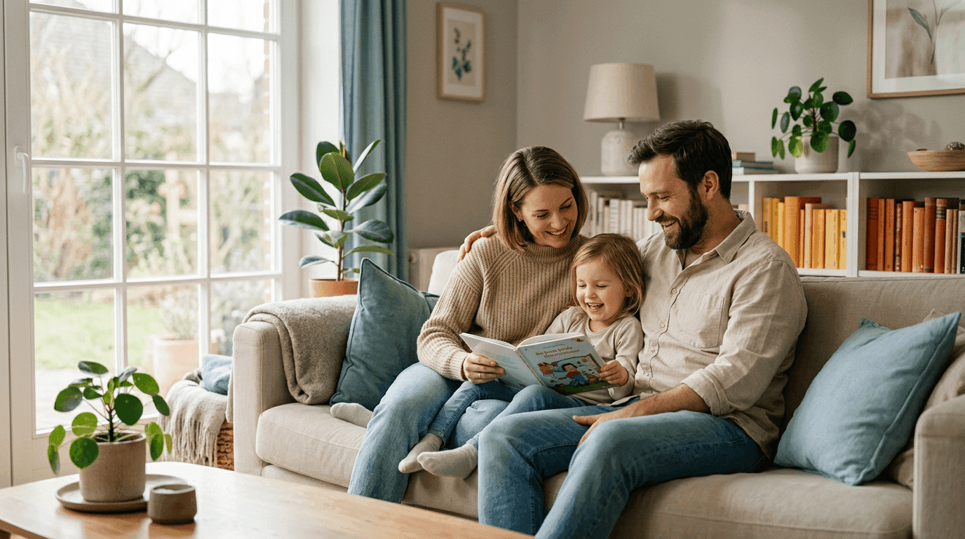 Familie zu Hause – Risikolebensversicherung sichert Partner und Kinder finanziell ab
