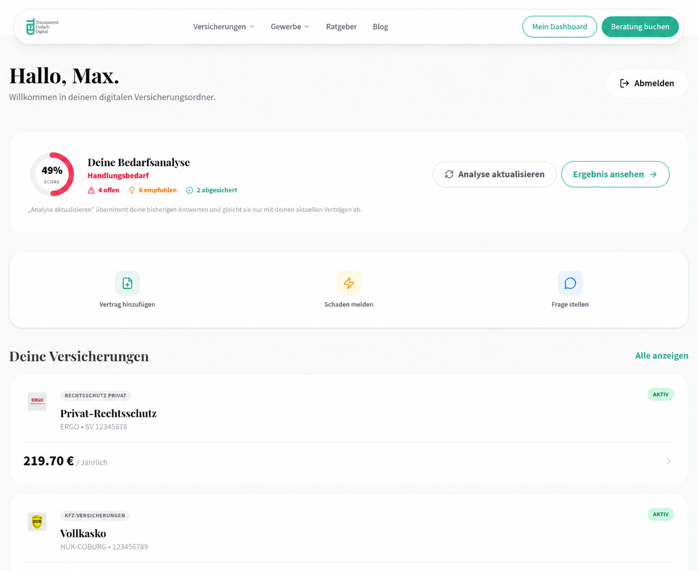 TED Dashboard – Digitaler Versicherungsordner